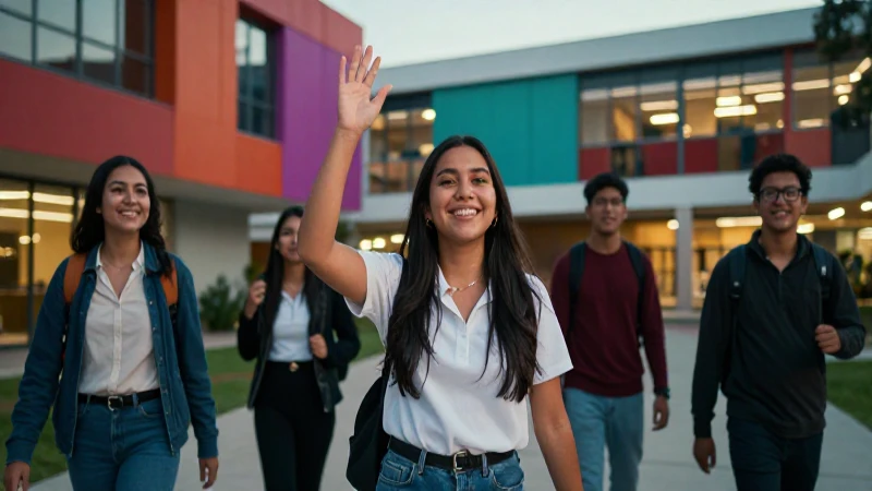 Estudiantes mexicanos celebrando éxito en la universidad moderna
