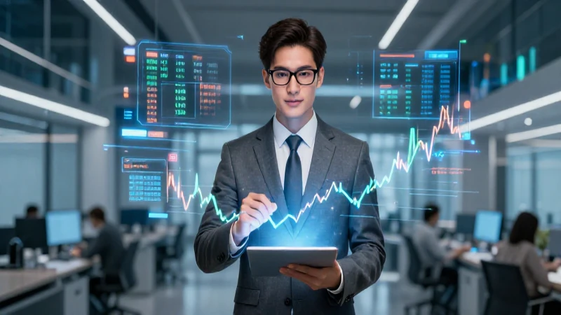 Gerente financiero exitoso en oficina moderna con gráficos brillantes