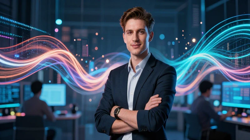 Joven profesional destaca en ambiente tecnológico futurista