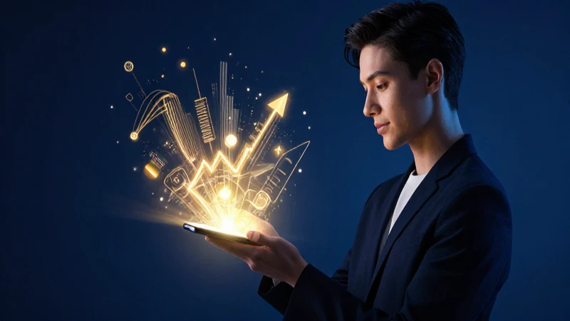 Joven confiado con un smartphone brillante y gráfico digital de crecimiento