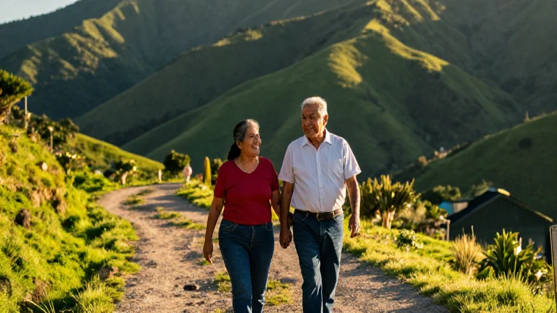 Pareja mexicana alegre en paisaje montañosos