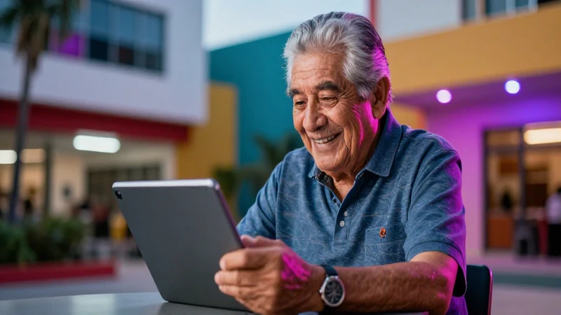 Senior mexicano aprendiendo con tablet en entorno vibrante
