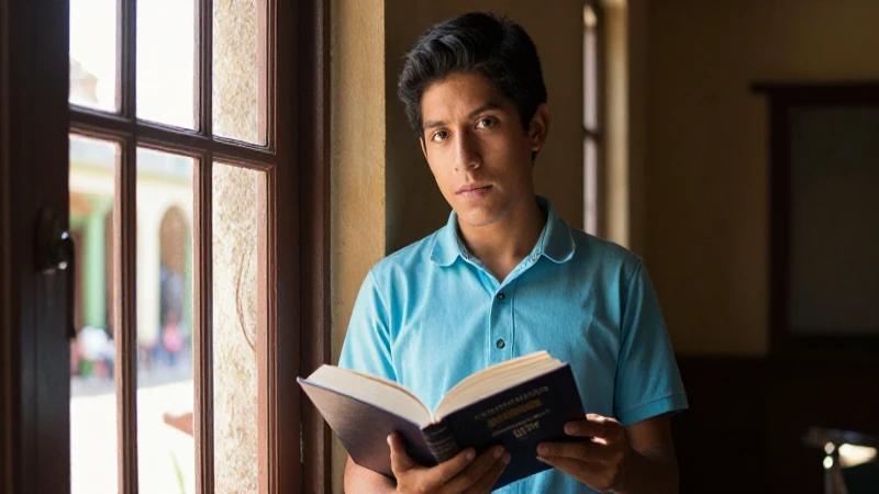 Joven mexicano leyendo un libro bajo luz dramática