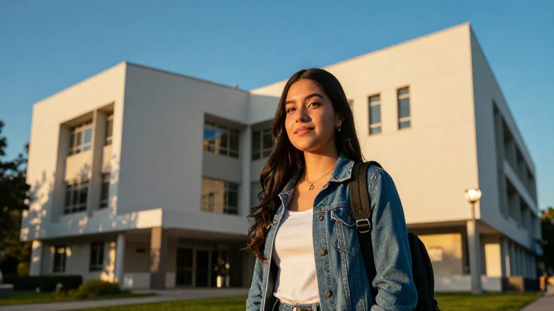 Estudiante universitaria mexicana en un campus moderno