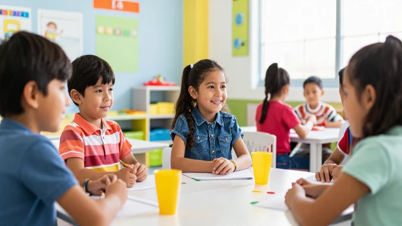 Niño mexicano sonríe en aula colorida y brillante