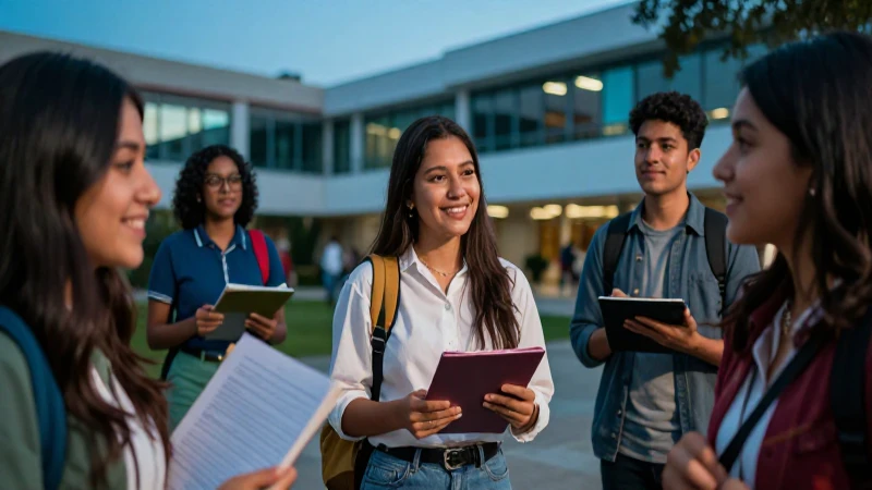 Joven mexicana exitosa en campus vibrante y moderno
