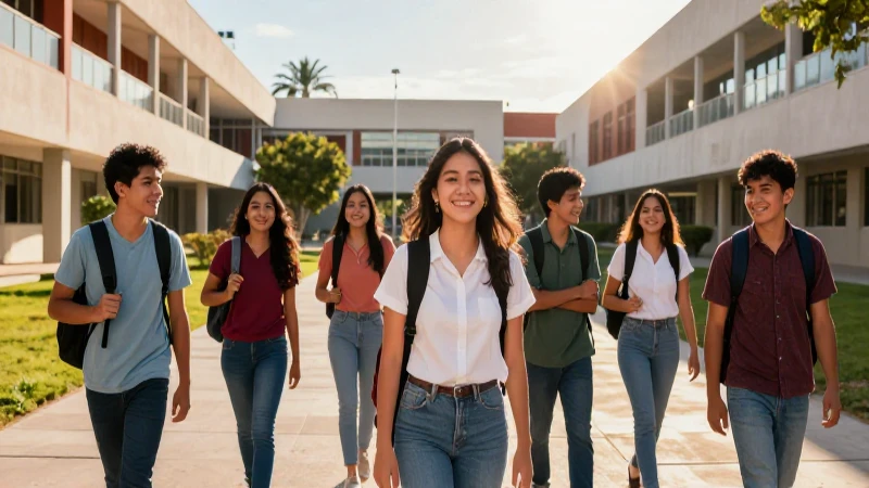 Estudiantes mexicanos sonrientes en campus moderno