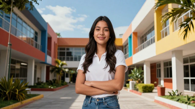 Estudiante mexicano exitoso en campus moderno