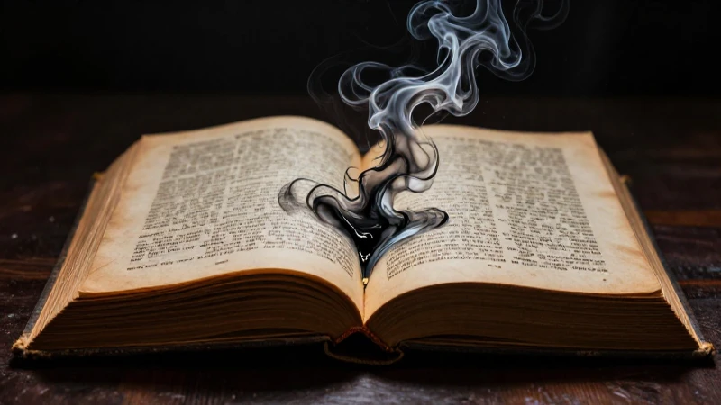Libro antiguo, tinta etérea, iluminación dramática