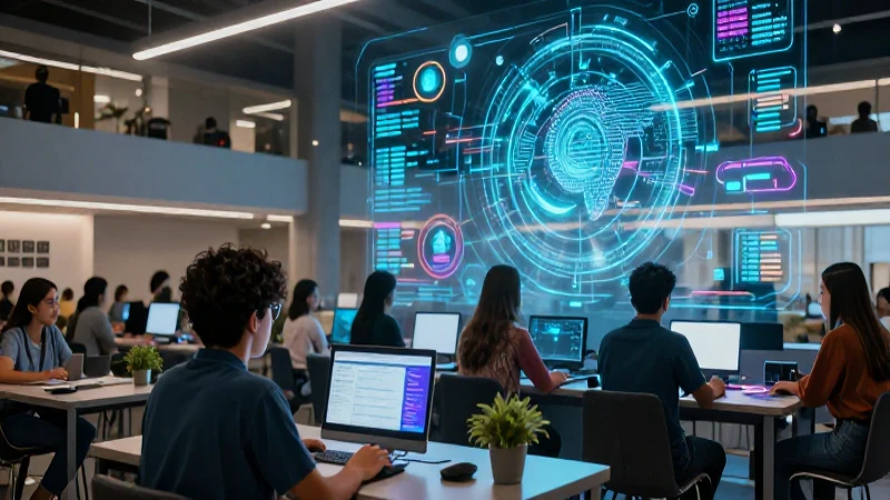 Jóvenes mexicanos en campus de tecnología futurista