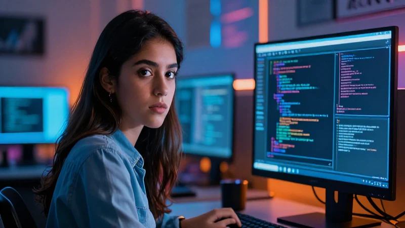 Joven mexicana estudia código con intensidad en un ambiente futurista