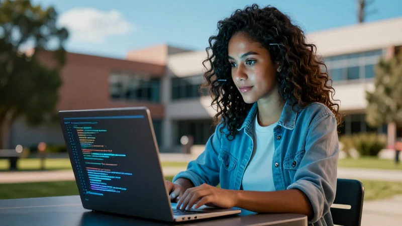 Estudiante mexicano programando en campus futurista