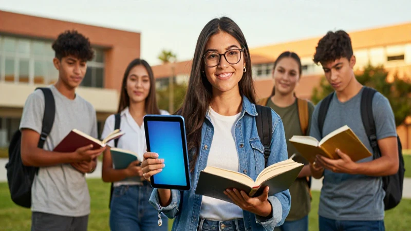 Joven mexicano en campus con tablet y libro