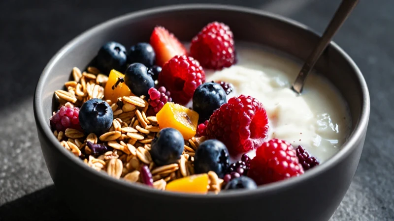 Desayuno frío de bayas y granola, foto espectacular