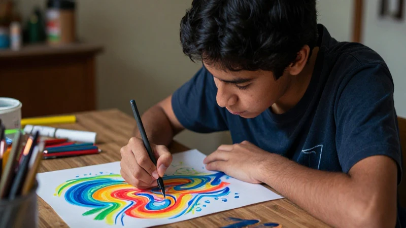 Estudiante mexicano dibuja bienestar abstracto vibrante