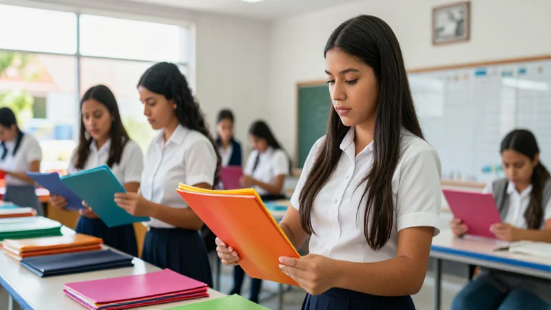 Estudiante mexicana organiza materiales en aula moderna