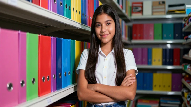 Estudiante mexicana radiante entre útiles escolares