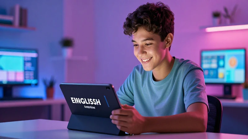 Estudiante mexicano aprende inglés con tableta futurista