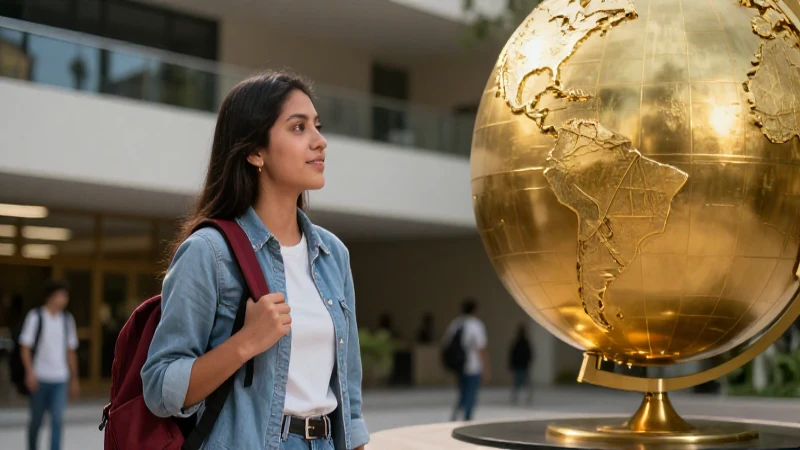 Joven estudiante mexicano mira un globo dorada