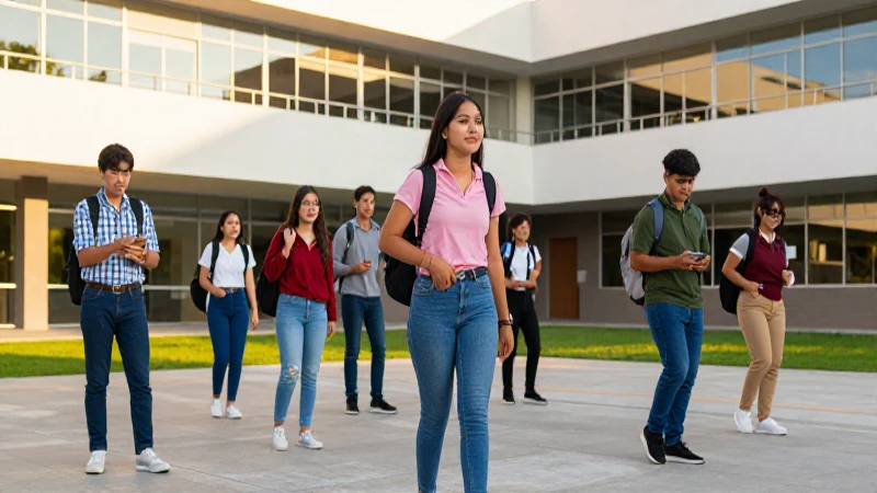 Estudiantes mexicanos vibrantes en campus dorado