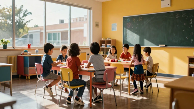 Niños mexicanos jugando en un aula luminosa