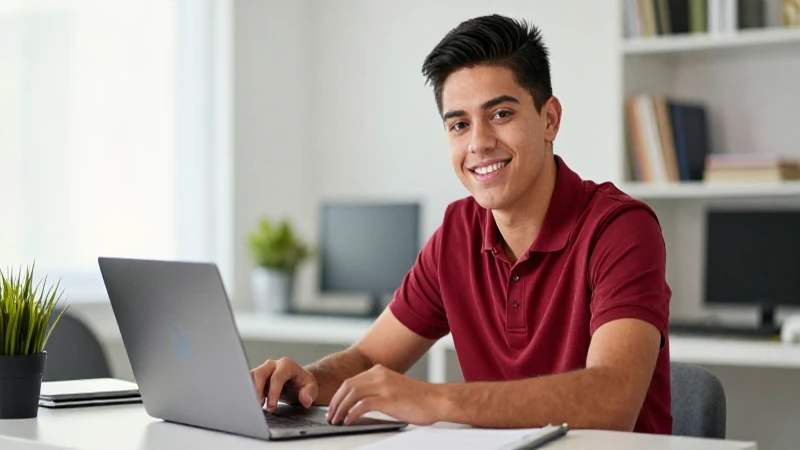Joven mexicano sonriente estudiando en estudio moderno
