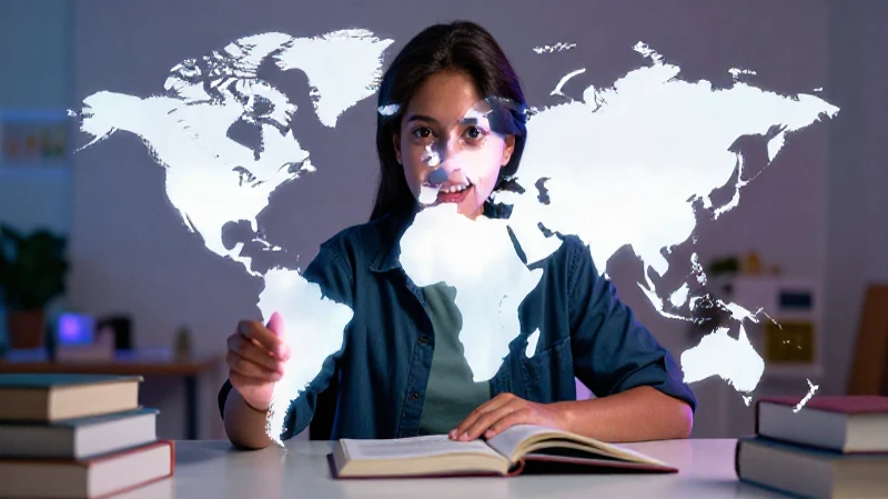Estudiante mexicana inspirada con mapa y libros