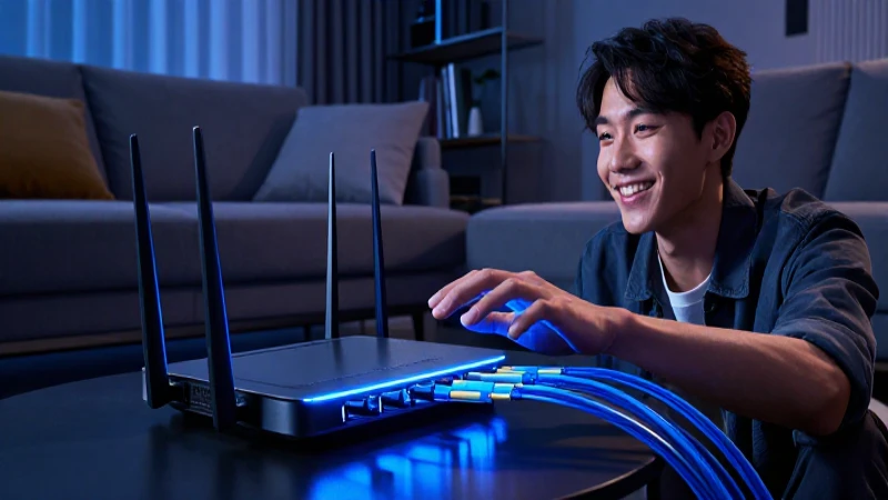 Router moderno en sala con luces azules