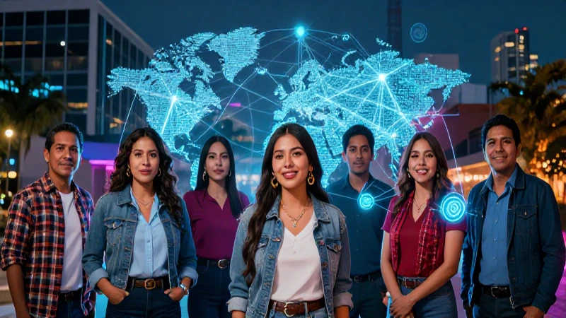 Comunidad mexicana digital vibrante con arquitectura moderna