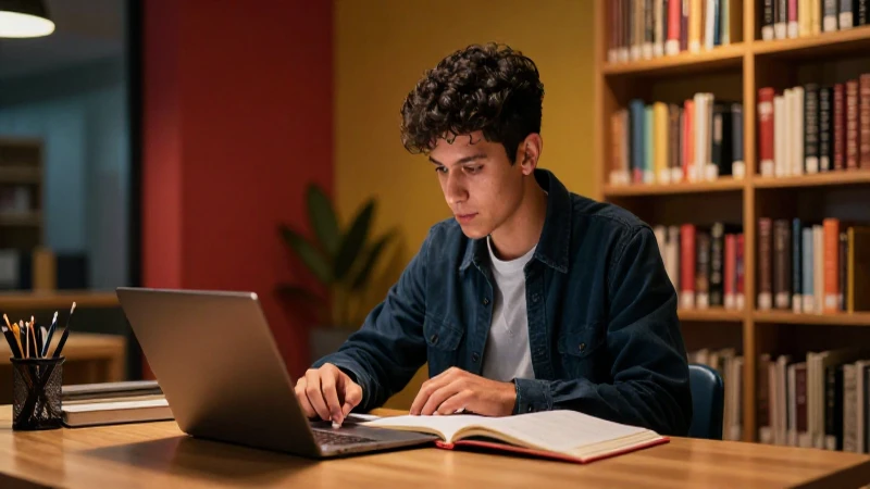 Joven mexicano estudia en una biblioteca acogedora
