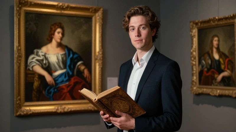 Curador elegante con libro y cuadro en iluminación dramática