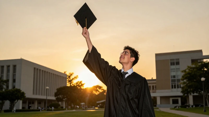 Graduación festiva con gorro en atardecer dorado