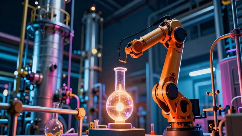 Brazo robótico en planta química futurista con neón