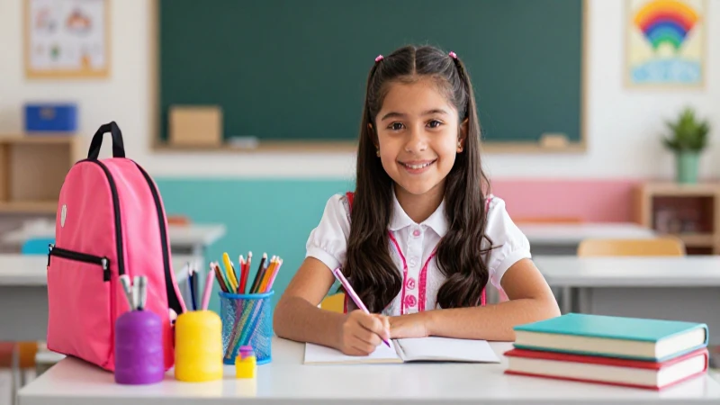Niña mexicana sonríendo con estética escolar