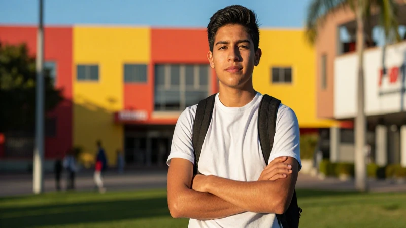 Joven mexicano seguro en campus con luz dorada