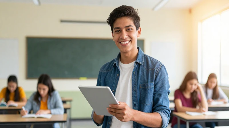 Estudiante mexicano sonriente sostiene tableta en aula moderna