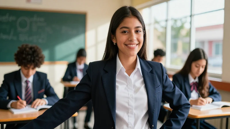 Estudiante mexicano alegre en aula moderna y vibrante