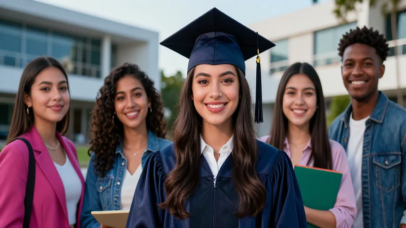 Estudiante mexicano sonriente, graduación y campus moderno