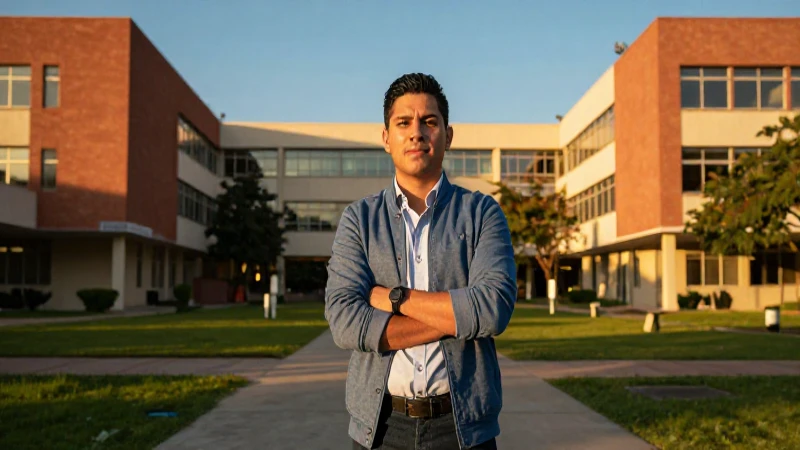 Profesional mexicano dinámico en campus universitario