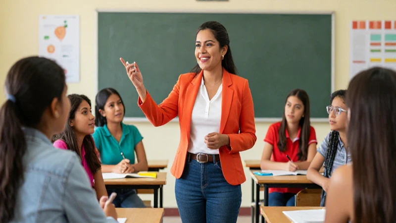 Maestra mexicana interactúa con estudiantes en campus vibrante