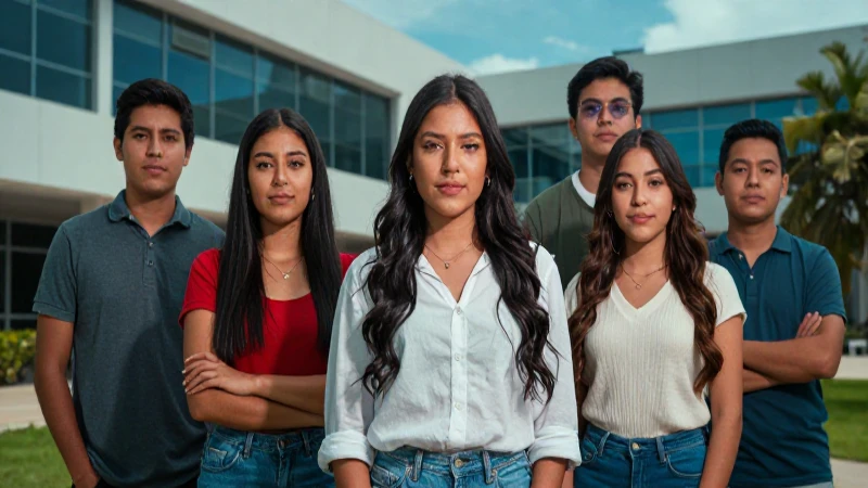 Estudiantes mexicanos diversos en un campus moderno y dinámico