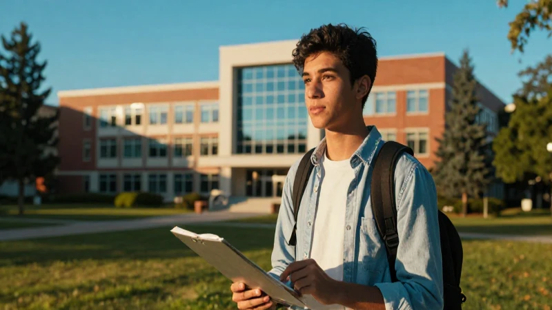 Estudiante internacional en campus universitario dorado