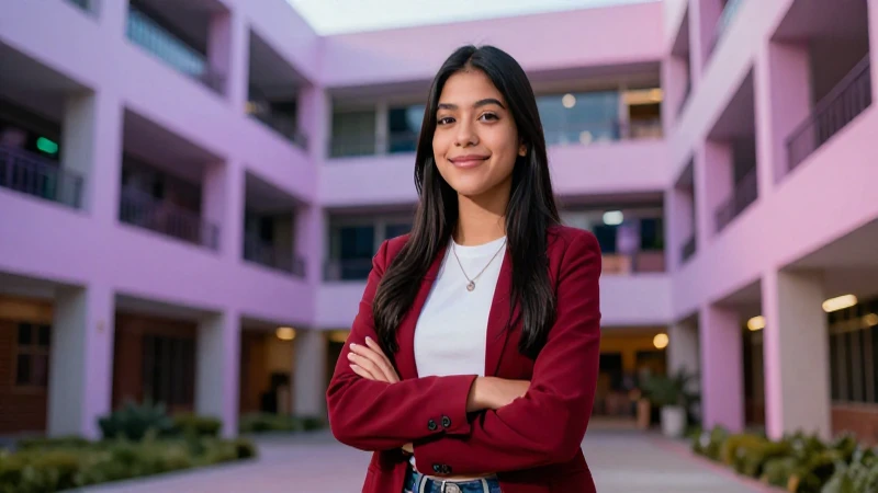 Estudiante mexicano exitoso en campus moderno y elegante