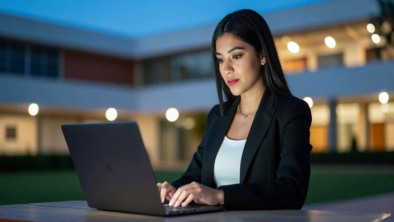 Joven mexicana estudia con confianza en su campus vibrante