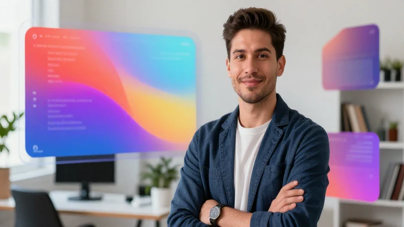 Profesional mexicano frente a interfaz digital vibrante