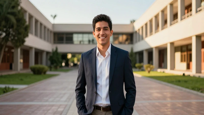 Estudiante mexicana sonriente en campus moderno