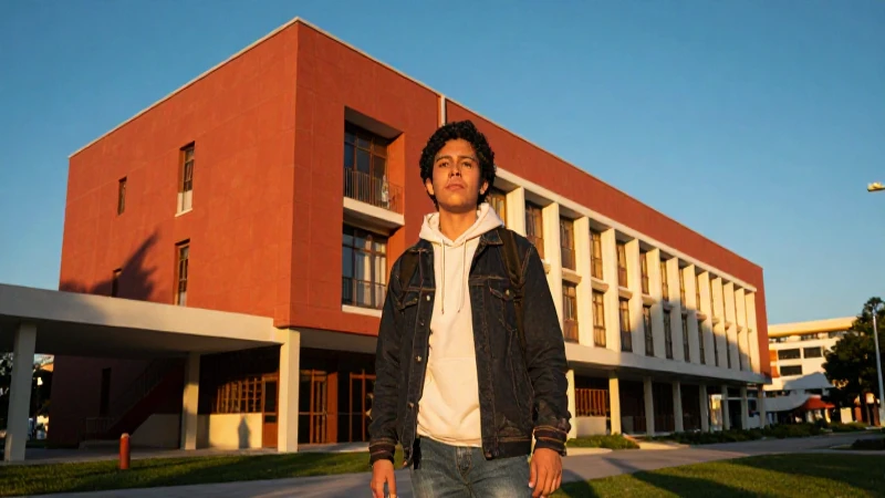 Estudiante mexicano vibrante en campus dorado