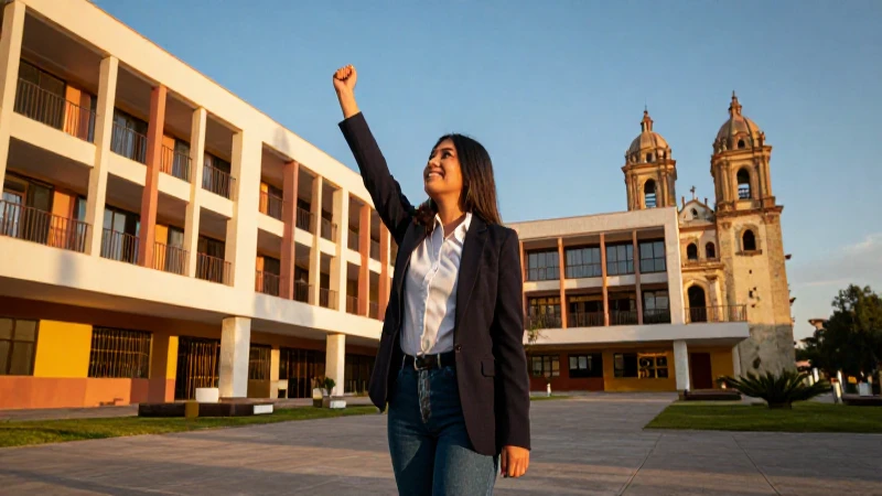 Estudiante exitosa en campus oaxaqueño al atardecer