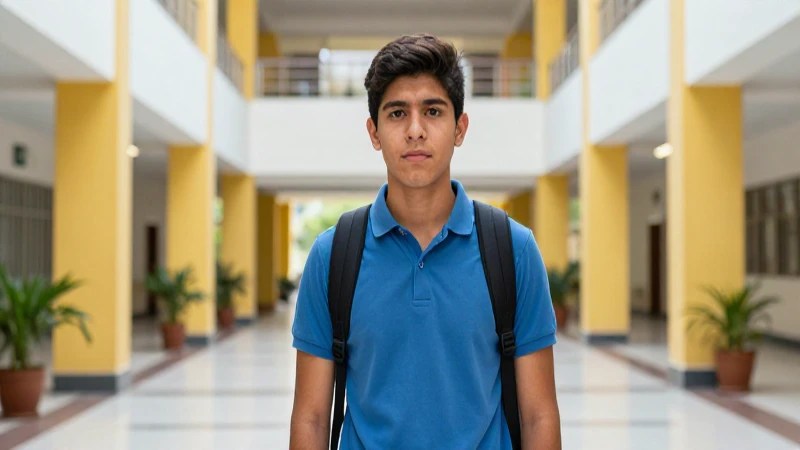 Estudiante mexicano decidido en campus moderno