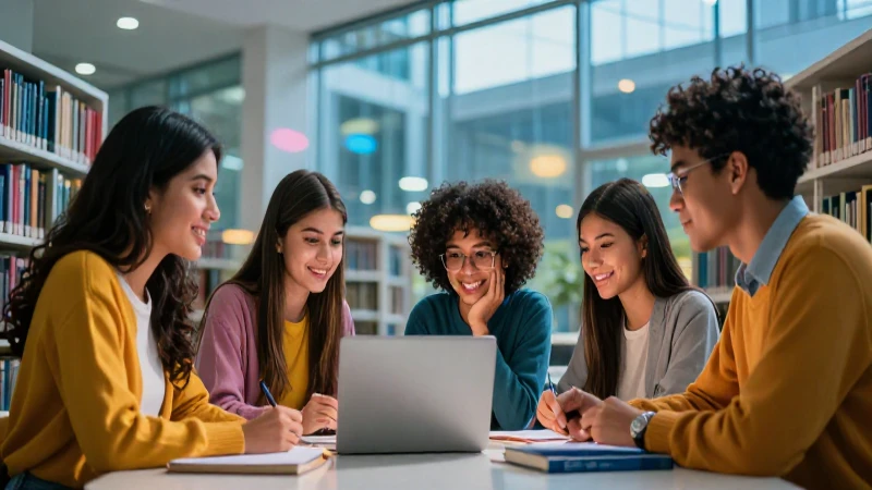 Ambiciosos estudiantes mexicanos en biblioteca moderna